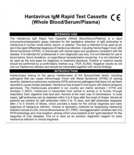 Hantavirus IgM Rapid Test Cassette (Whole Blood/Serum/Plasma) CE 25 Tests