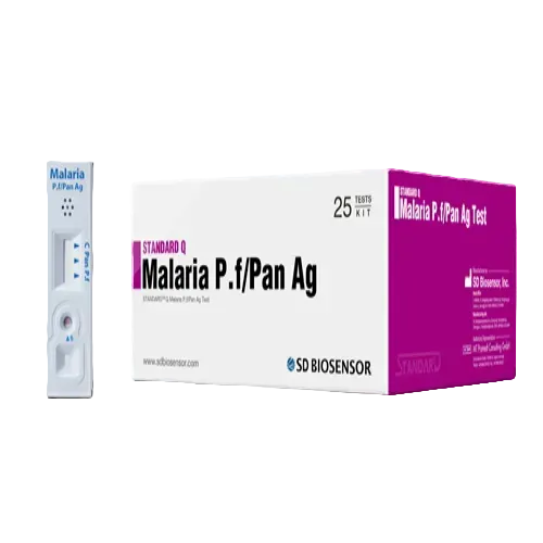 Malaria test kit packaging with SD Biosensor branding on a white background